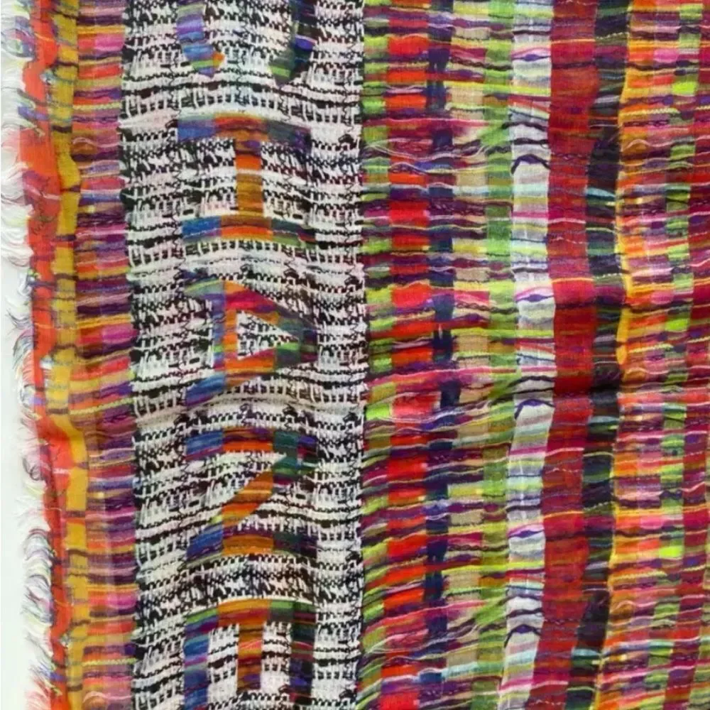 Auth Chanel Multicolor Cashmere Modal Silk Blend Striped Wrap Shawl Stole Scarf